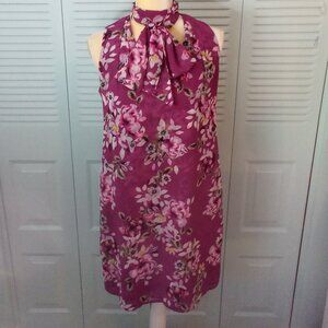 WHBM 2 SLEEVELESS FLORAL CHOKER SHIFT DRESS DARK PINK/PURPLE BOW ZIP BACK LINED